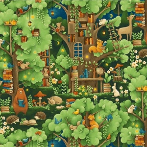 Forest Fables Fabric by Paintbrush Studios Woodland Animal Village 100% Cotton Quilt Fabric Forest Animals, Books Reading image 2