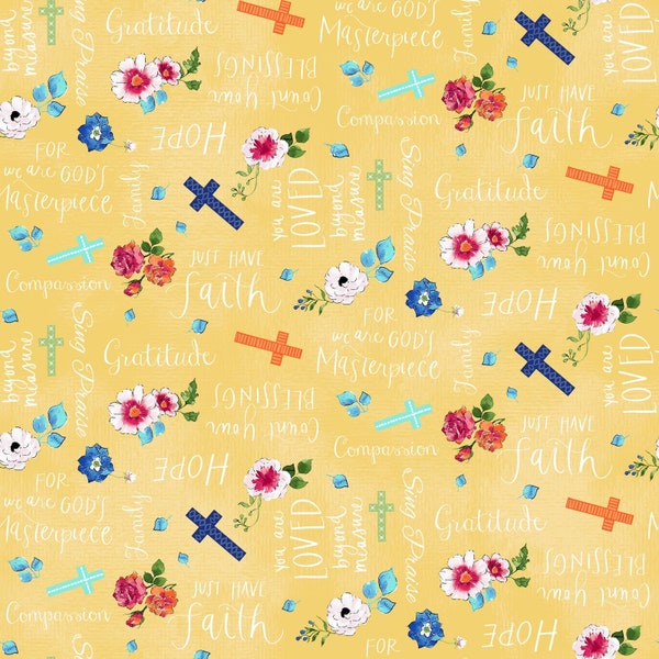 Faith Words and Flowers on Yellow Cotton Quilt Fabric by Clothworks - Designer Heatherlee Chan CLTY3732-9