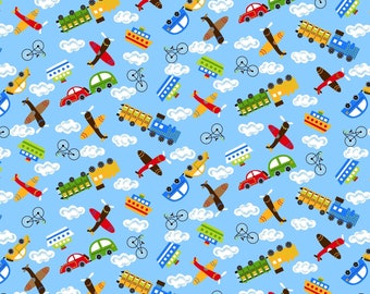 Planes, Trains, and Automobiles on White Fabric - Comfy  Flannel Prints Cotton Fabric by A.E. Nathan Company