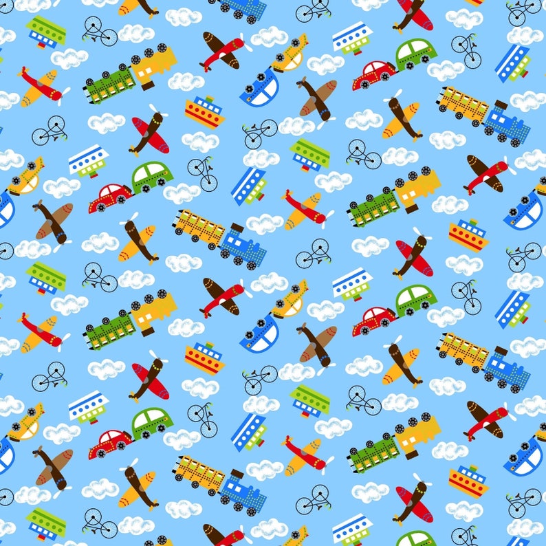 Planes, Trains, and Automobiles on White Fabric Comfy Flannel Prints Cotton Fabric by A.E. Nathan Company image 1