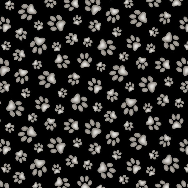 CLEARANCE! Dog Paw Print Fabric Black and Grey - Dog Cat Fabric - Elizabeth's Studio - Adorable Pets ELS181-BLA