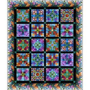 May include: A colorful quilt with a black background and a floral border. The quilt is made up of 16 squares, each with a different pattern. The patterns are made up of various colors, including red, green, blue, purple, and yellow.