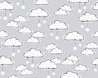 Clouds and Stars on Grey FLANNEL Fabric - Comfy  Flannel Prints Cotton Fabric by A.E. Nathan Company