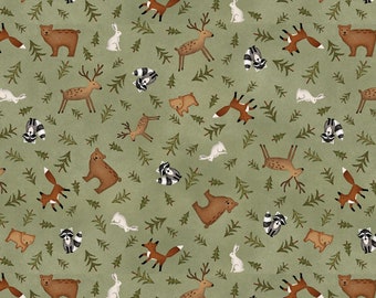 The Mountains Are Calling FLANNEL Fabric Animal Toss in Green by Henry Glass Designer: Janet Rae Nesbitt - HEG3132F-66