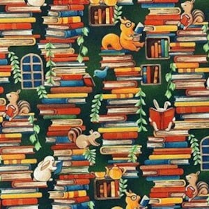 May include: A repeating pattern of colorful books, squirrels, and rabbits on a dark green background. The books are stacked in rows, with some open to reveal pages. Squirrels and rabbits are reading books.