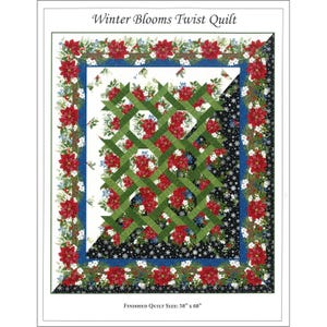 May include: A quilt pattern featuring a winter floral design with red poinsettias, green leaves, and white snowflakes. The quilt is made up of squares with a twist design and a border of the floral pattern. The finished quilt size is 58" x 68".