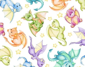 May include: A white background is covered with watercolor illustrations of colorful dragons and yellow stars. The dragons are in shades of blue, green, orange, purple, and pink, each with detailed wings. This design is suitable for children's products.