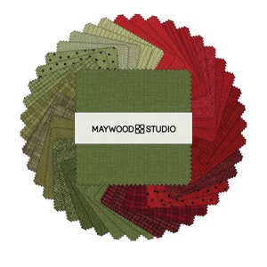 Woolies FLANNEL Holiday Warmth Fabric Charm Pack - 5&quot; x 5&quot; Pre-Cut Quilt Squares Cotton Fabric by Maywood Studio - Red and Green Christmas