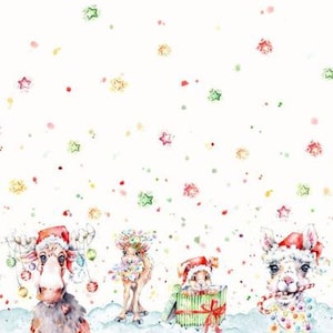 May include: A watercolor illustration of a moose, a deer, and a llama wearing Santa hats and decorated with Christmas lights and ornaments. The animals are standing on a snowy background with a red and white striped border at the bottom.