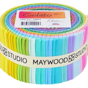 May include: A roll of 40 fabric strips in a variety of pastel colors, including pink, purple, blue, green, and yellow. The fabric is labeled "Gelato Elite" and "Maywood Studio".