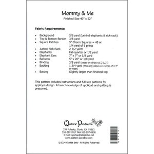 May include: A quilting pattern for a Mommy & Me quilt, with instructions and full-size patterns for appliqu&eacute;. The finished quilt size is 40 inches by 52 inches.