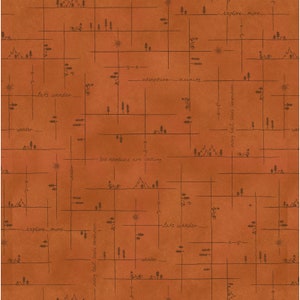 May include: A brown background with a grid pattern and black illustrations of trees, mountains, stars, and camping equipment. The text "explore more", "let's wander", "adventure awaits", "every trail leads somewhere", and "the mountains are calling" is written in black.