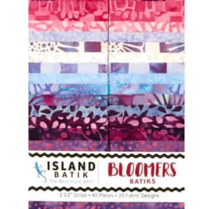 May include: A pack of 20 fabric strips in various shades of purple, pink, and blue. The fabric strips are 2.5 inches wide and feature a variety of batik patterns. The pack is labeled "Island Batik Bloomers Batiks".