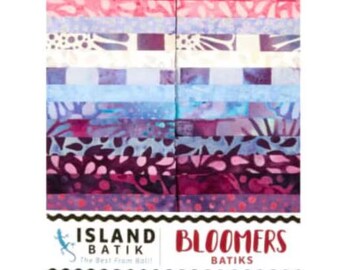 May include: A pack of 20 fabric strips in various shades of purple, pink, and blue. The fabric strips are 2.5 inches wide and feature a variety of batik patterns. The pack is labeled "Island Batik Bloomers Batiks".