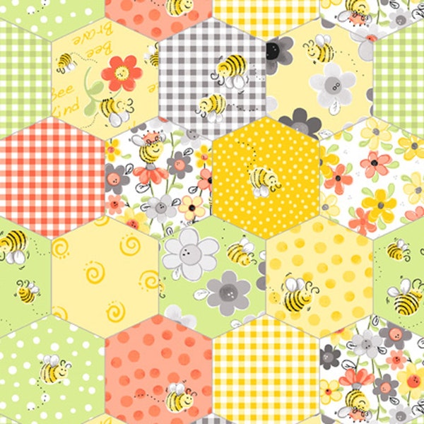 Sweet Bees Patchwork Honeycomb Cotton Quilt Fabric by World of Susybee