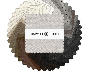May include: A collection of 24 fabric squares in various shades of brown, gray, and white. The squares are arranged in a circle with the Maywood Studio logo in the center.