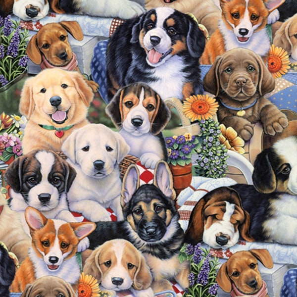 CLEARANCE! Garden Puppies Dog Fabric - Animal Love by David Textiles Cotton Quilt Fabric