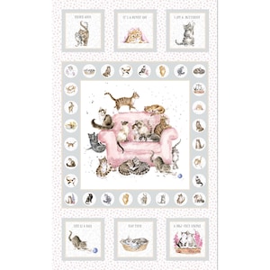 Whiskers & Paws Cat Quilt Panel 27&quot; by Maywood Studio Cotton Quilt Fabric - Designer Hannah Dale - MAS10410-K