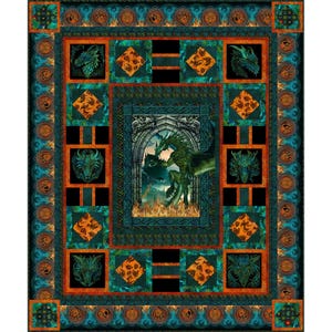 May include: A fantasy-themed quilt featuring a central image of a green dragon in front of a castle, surrounded by dragon head motifs and geometric patterns in teal, orange, and black. The quilt has a detailed border.