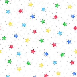 Primäre farbige Sterne auf Weiß - Flanell Stoff - Kuscheliger Flanell von A.E. Nathan Company - Gender Neutral Baby Kinderstoff