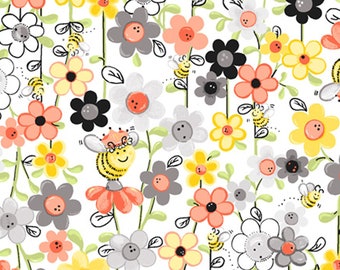 Sweet Bees Honey Bee and Flowers Cotton Quilt Fabric by World of Susybee