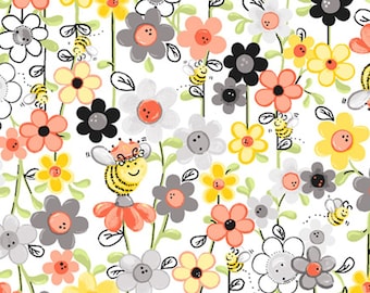 May include: A white background with a repeating pattern of colorful flowers and bees. The flowers are in shades of yellow, orange, pink, and gray. The bees are yellow and black.