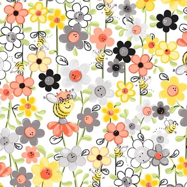 Sweet Bees Honey Bee and Flowers Cotton Quilt Fabric by World of Susybee