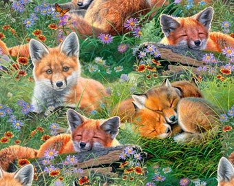 CLEARANCE! Fox Fabric Cotton - Mountain Sunrise Sleepy Foxes by 3 Wishes Fabric - Woodland Forest Animal Fabric