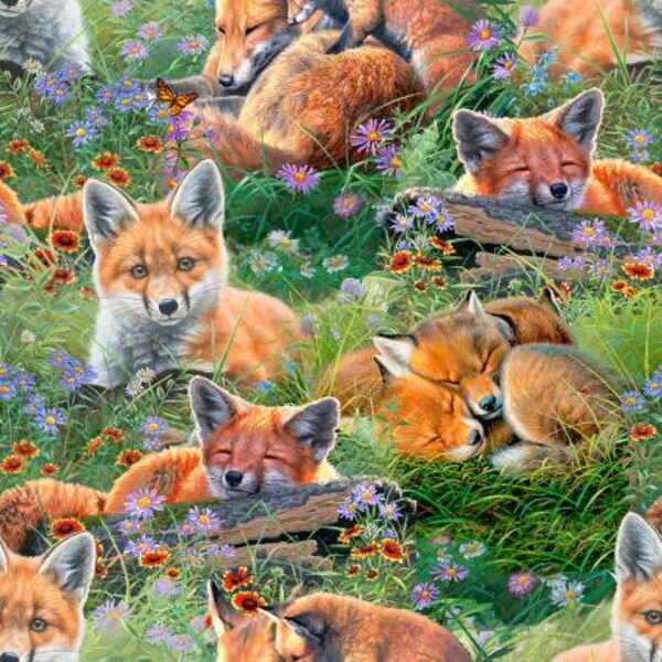 CLEARANCE! Fox Fabric Cotton - Mountain Sunrise Sleepy Foxes by 3 Wishes Fabric - Woodland Forest Animal Fabric