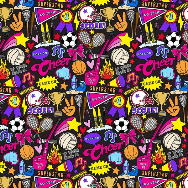 Girl’s Sports Cotton Fabric on black by Print Concepts - Teen Fabric, Girl Sports Fabric