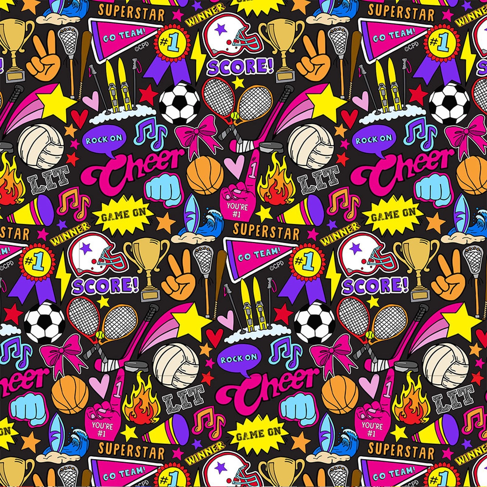 Girls Sports Cotton Fabric on Black by Print Concepts Teen Etsy