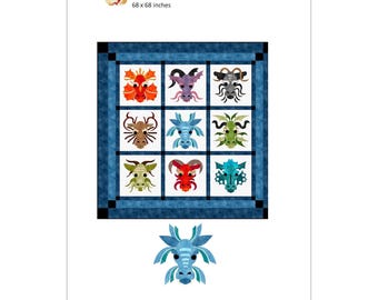 May include: A quilt pattern featuring nine colorful dragon heads in a grid pattern. The quilt is 68 inches by 68 inches. The pattern is called "Dragon Tails" and the pattern number is FCP-137.