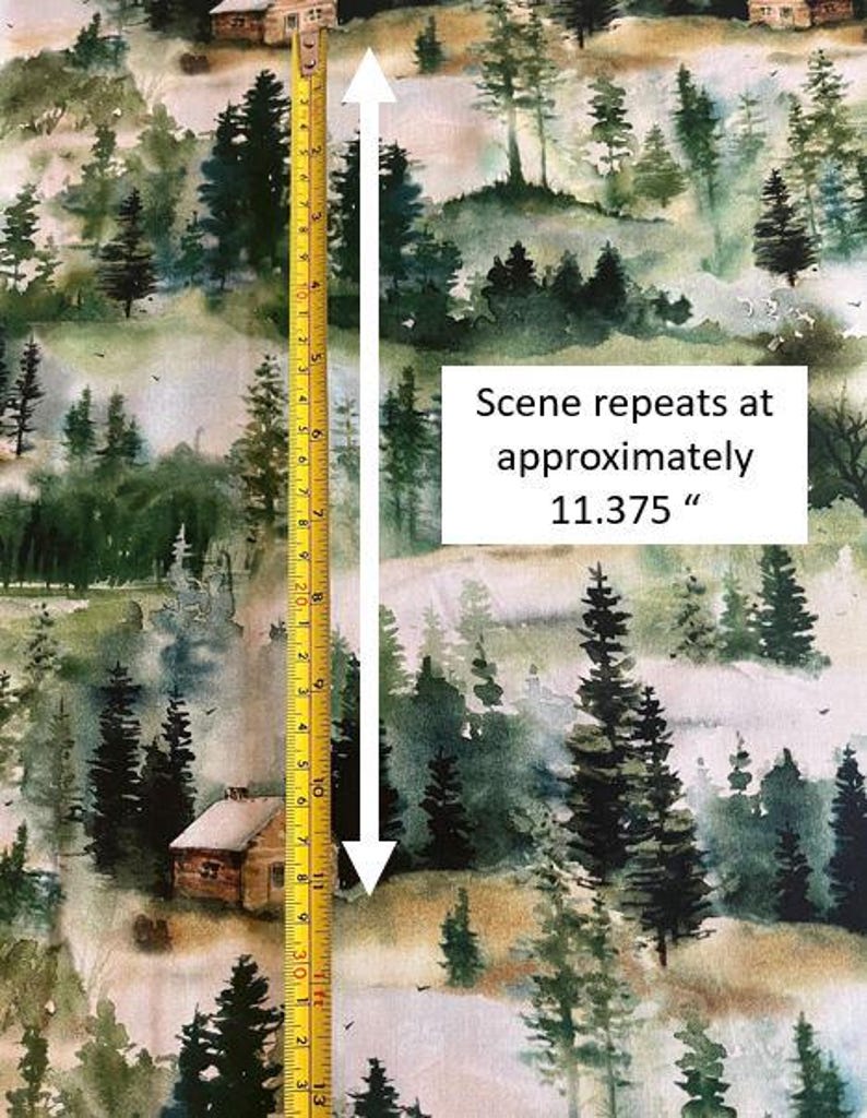 May include: Watercolor fabric featuring a repeating pattern of woodland scenes with cabins, trees, and fog. The pattern repeats approximately 11.375 inches.