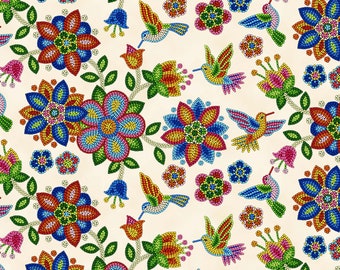 Tucson Beaded Humming Birds & Flowers Southwestern Style Fabric by Elizabeth Studio - 100% Cotton - Cream ELS640-CRE