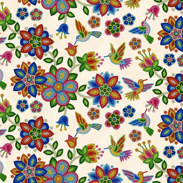 Tucson Beaded Humming Birds & Flowers Southwestern Style Fabric by Elizabeth Studio - 100% Cotton - Cream ELS640-CRE