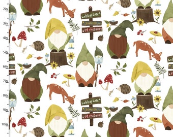 CLEARANCE! You Light My Way Gnome Cotton Fabric Gnomeville in White by 3 Wishes Fabric - Item# 19449-WHT-CTN-D - Designer Deane Beasley