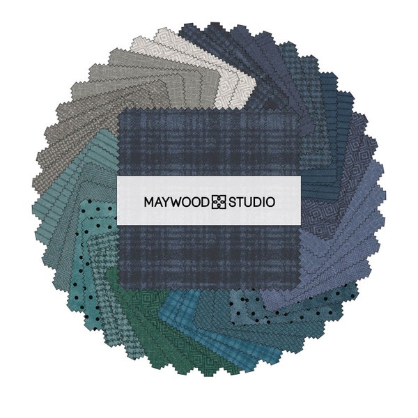 Lot de breloques Woolies Flannel Stormy Seas Blue - Carrés de 5 pouces, 42 pièces, tissu en coton prédécoupé par Maywood Studio - carreaux, points, unis
