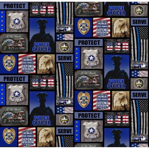 May include: A repeating pattern featuring police badges, American flags, eagles, and police officer silhouettes. The design incorporates the words "Protect", "Serve", "Honor Love Family Defend Freedom", and "Police Officer". The color scheme includes blue, black, and white.