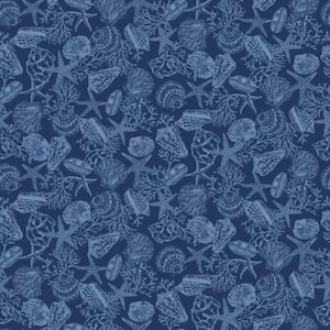 Tonal Blue Sea Shells - Cobalt Seas by Andrea Tachiera for Henry Glass - Beach Fabric, Ocean Fabric, Seashell Fabric