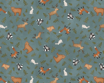 The Mountains Are Calling FLANNEL Fabric Animal Toss in Teal by Henry Glass Designer: Janet Rae Nesbitt - HEG3132F-76