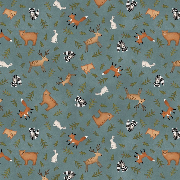 The Mountains Are Calling FLANNEL Fabric Animal Toss in Teal by Henry Glass Designer: Janet Rae Nesbitt - HEG3132F-76