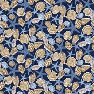 Cobalt Seas Packed Shells Cotton Fabric by Henry Glass - Seashell Fabric, Beach Fabric