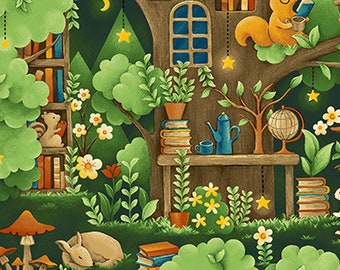 Forest Fables Fabric by Paintbrush Studios - Woodland Animal Village - 100% Cotton Quilt Fabric - Forest Animals, Books Reading