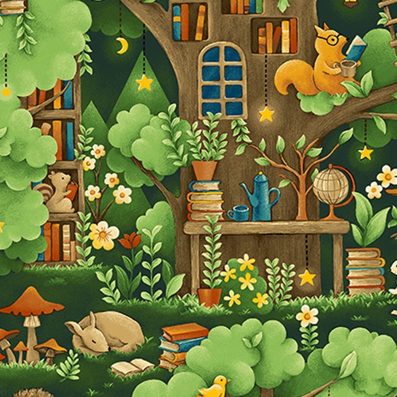 Forest Fables Fabric by Paintbrush Studios Woodland Animal Village 100% Cotton Quilt Fabric Forest Animals, Books Reading image 1