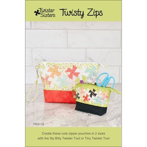 May include: A sewing pattern for two zipper pouches in different sizes. The pattern is called "Twisty Zips" and is from Twister Sisters. The pouches are made with colorful fabric and have a black and white geometric design.