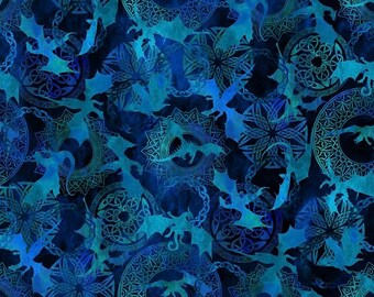 Blue Flying Dragon Shields -  Flying Dragons - by Jason Yenter for In the Beginning Fabrics