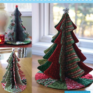 May include: A tabletop Christmas tree pattern, called "Tabletop Tannenbaum", with a red and green plaid design. The pattern is designed by Kristine Poor and is part of the Poor House Quilt Designs collection. The tree is 13 inches tall and the skirt is 12 inches in diameter.