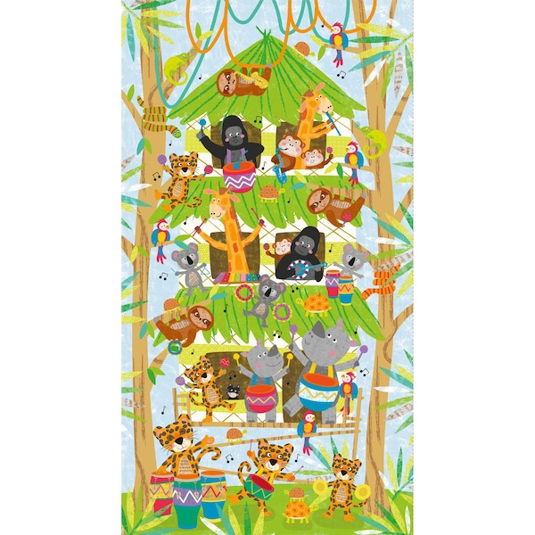 LIQUIDATION ! Jungle Drums Animal Treehouse, panneau de courtepointe de 61 cm (24 po) pour chambre de bébé, coton par Clothworks - designer Leza Lewis CLTY3734-87