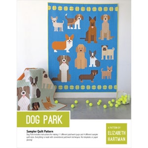 May include: A quilt pattern titled "Dog Park" featuring 11 different patchwork dog designs. The quilt is made with conventional patchwork techniques and includes instructions for making 4 different sizes.