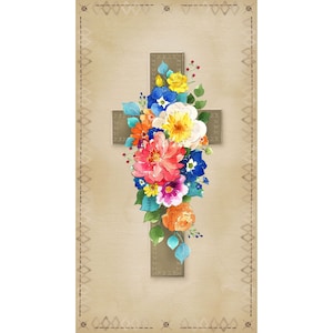Faith Cross Quilt Panel Khaki 24” Digital Print by Clothworks - Designer Heatherlee Chan CLTY3728-12